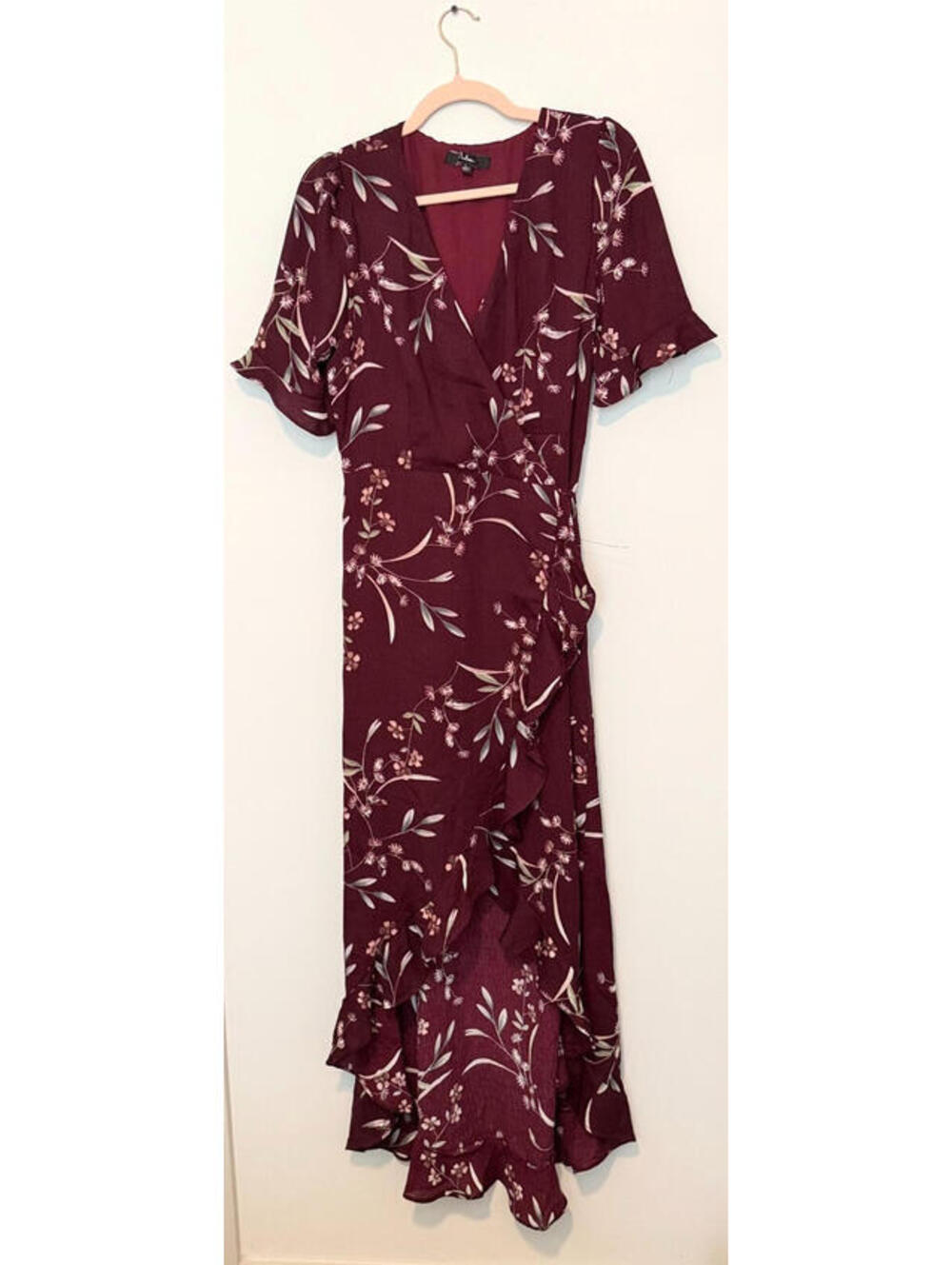 Lulus Wild Winds Burgundy Floral Print High-Low Wrap Dress